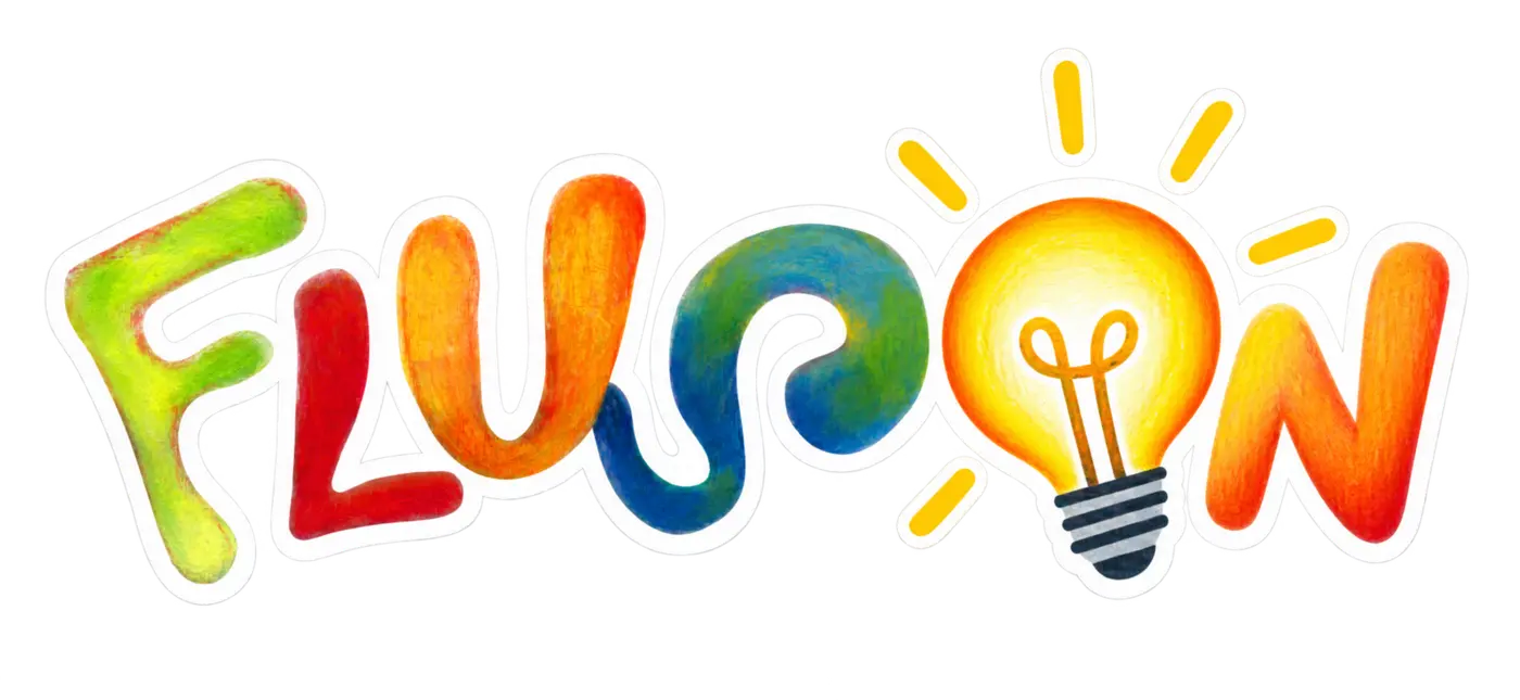 Logo colorato FlusON con la lettera O a forma di lampadina