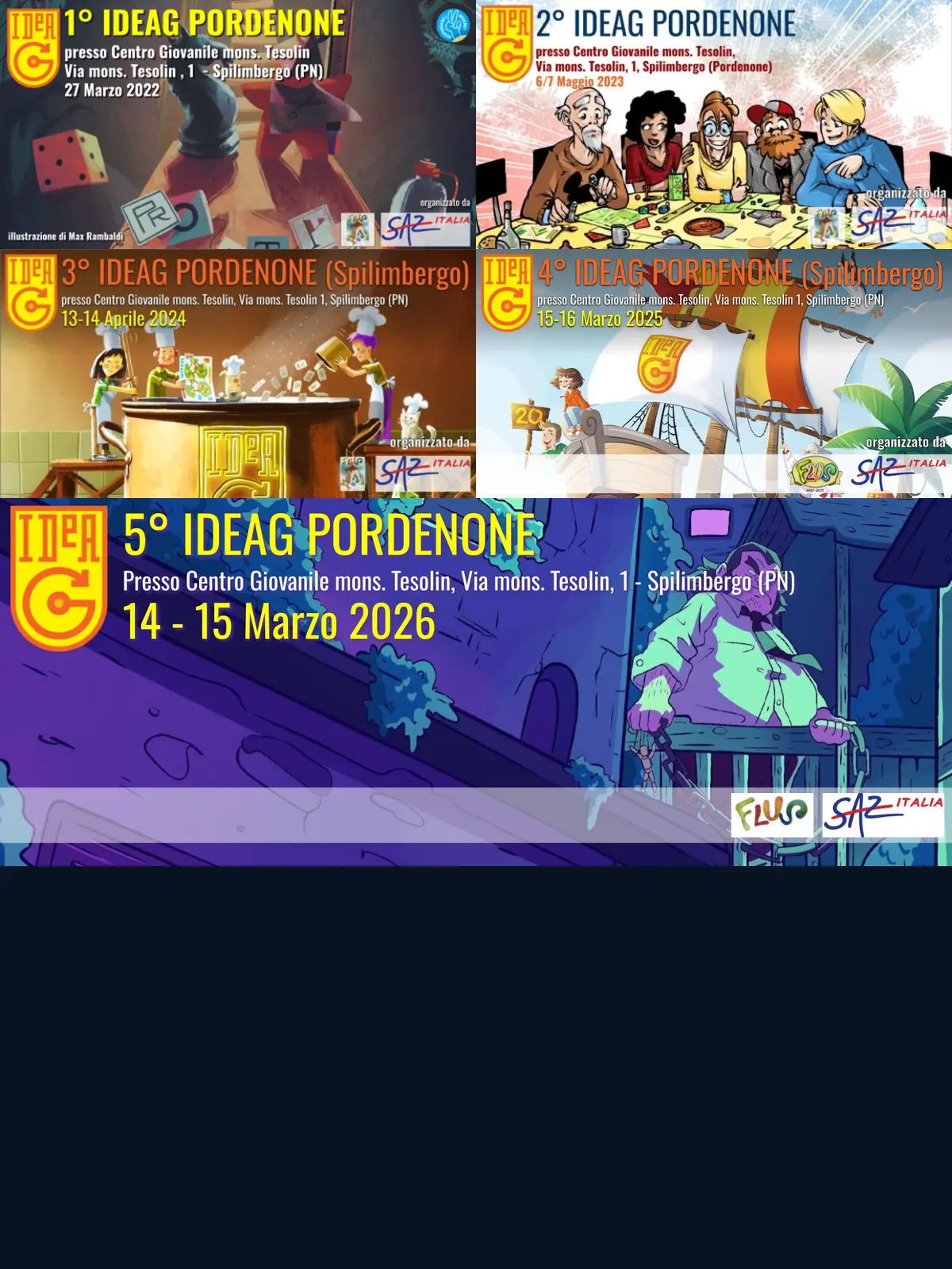 Le locandine delle cinque edizioni di IDEAG Pordenone, dal 2022 al 2026
